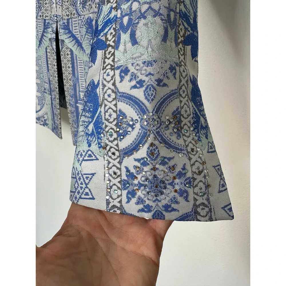 Camilla Peplum Blazer Size L Blue White Mosaic Print Crystal Embellished Art